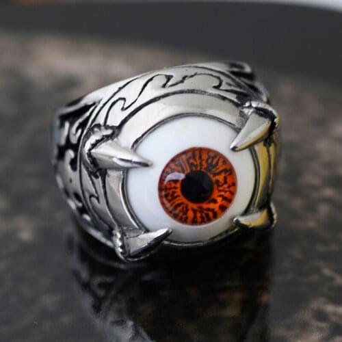 Valily Vintage Talon Dragon Claw Evil Devil Biker Ring stainless steel punk finger ring for men orange color eye party jewelry