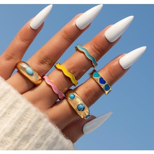 Docona 6pcs/set Colorful Dropping Oil Heart Rings for Women Bohe Stone Beaded Geometry Alloy Metal Ring Set Jewelry Anillo 19664
