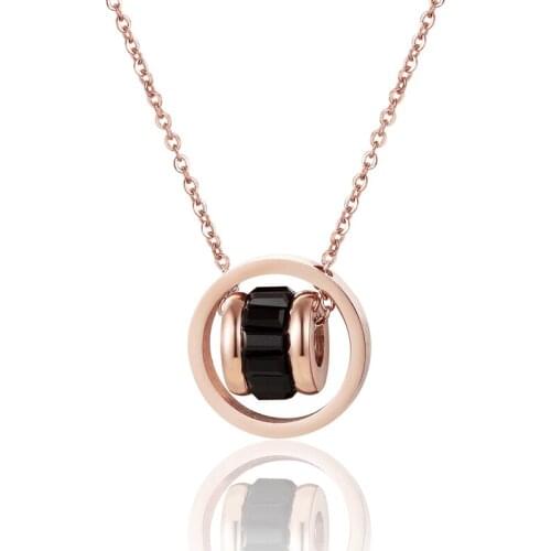 High Quality Stainless Steel Outer Circle Inside Cylindrical Inlaid Black Crystal Pendant Necklace Rose Gold Love Jewelry Woman
