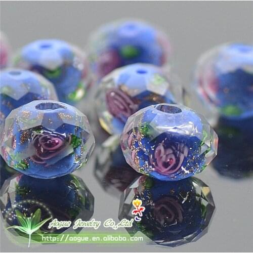 8x10mm 10pcs Blue Round Big Hole Disk Shape Glass Lampwork Faceted Flower Loose Beads|Garment Decoration Beads|DIY Supplies