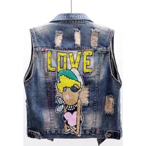 Summer Fashion Diamond Sequins Short Denim Vest Women Casual Waistcoat Slim Sleeveless Jacket Holes Jeans Vest moto Female JC217