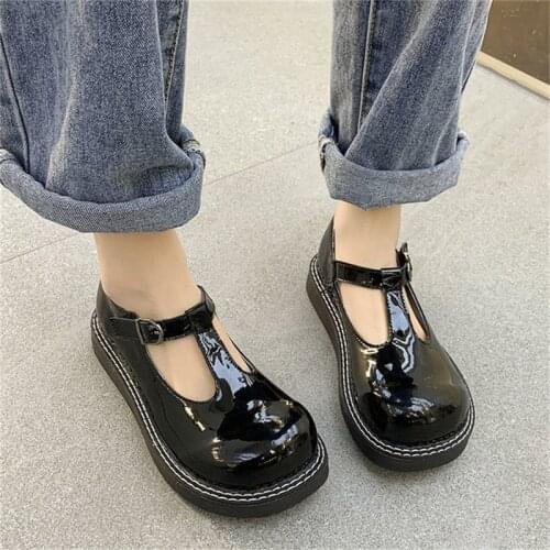 Cute T-strap Platform Lolita Shoes Women Chunky Patent Leather Black Round Toe Flats 2021 Spring Autumn Gothic Japanese Loafers