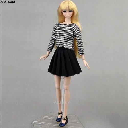 Black Fashion Clothes For Barbie Doll Houndstooth Pattern Long Sleeve Shirt Blouse Pleated Skirts For 1/6 BJD Dolls Accessories