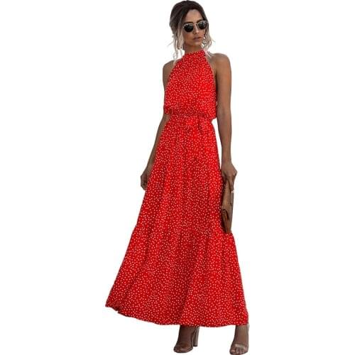 New summer 2021 polka dot belt, high waist, tight, sleeveless neckline print tie dress, full skirt