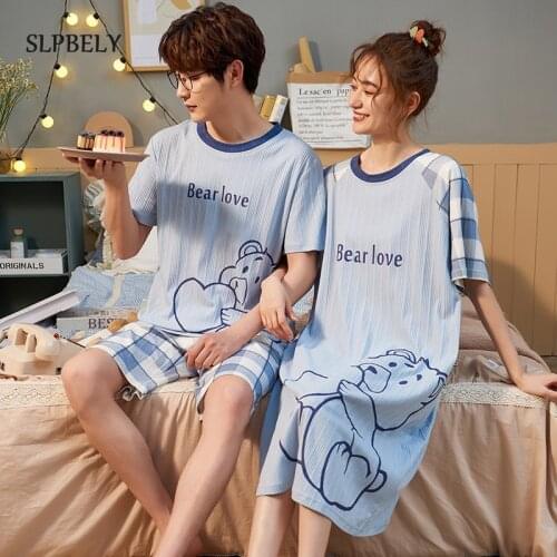 SLPBELY Couple Pajamas Set Summer Cartoon Plaid Bear Nightsuit Men Pyjamas Female Nightdress Nightwear Pijama Mujer Homewear