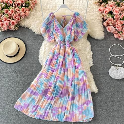 Korean Fashion Summer New Seaside Holiday Dress Female Strapless Sling Long Print Pleated Dress Print A-line Dress Women Vestido