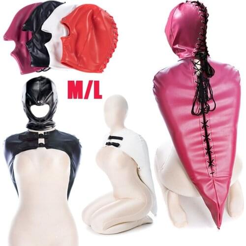SM Bondage Arm Binder,Behind Back Straight Jacket,Leather Armbinder Slave Glove Sex Hood Open Mouth Party Mask Cosplay Sex Toys