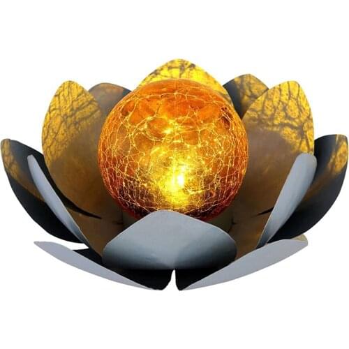 Solar Outdoor Light, LED Cracked Glass Ball Metal Lotus Flower Lantern, Waterproof Decorative Landscape Lawn Lights