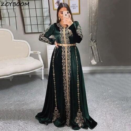 Green Muslim Prom Dress 2021 Women Formal Party Night Vestido De Gala Embroidery Velour Elegant Saudi Arabia Long Evening Gowns