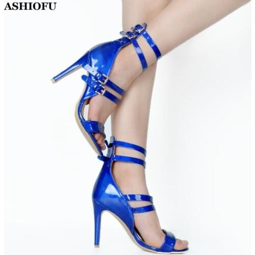ASHIOFU New Style Ladies Stiletto High Heel Sandals Bright Patent Leather Sexy Party Prom Shoes Buckle Strap Evening Sandals
