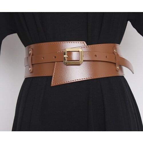 Split Joint Asymmetrical Long Belt Waistband Women Cowhide Belt Luxury Spring Wide Double Layers Genuine Leather Waist Belt 2021