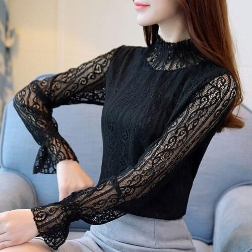 Women Spring Autumn Style Lace Blouses Shirts Lady Casual Long Sleeve Stand Collar Lace Blusas Tops DD8046