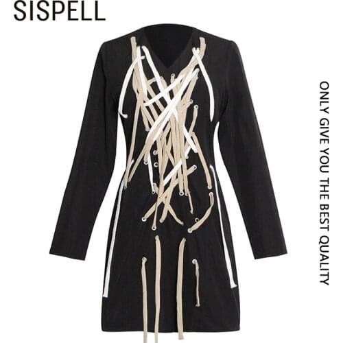 SISPELL Patchwork Strap Cross For Female Dress V Neck Long Sleeve High Waist Slimming Women’s Casual Dress Fashion Autumn Tide