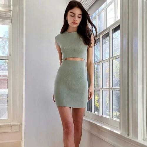 2021 Knitted Hollow Out Mini Dress Women Summer Vintage Sexy O Neck Sleeveless Bodycon Elasticity Casual Slim Tank Party Dresses