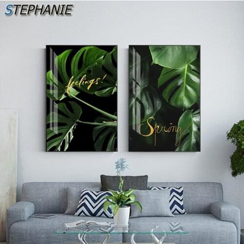 Abstract Golden Letters Canvas Art Fasion Green Plant Posters and Prints for Living Room Nordic Green Wall Art Pictures Decor