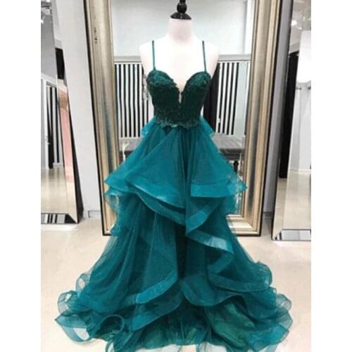 CloverBridal Spaghetti Straps Turquoise Tulle Long Evenign Dress Swirls Skirt Prom Gown with Appliques vestidos formales WE9585