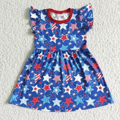 New arrival stars pattern dress for baby girls high quality flying sleeve O neck dresses girl July 4th frocks