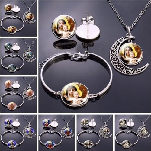 Virgin Mary and Baby Jesus Christian Jewelry Set Necklace & Earrings &Bracelet Glass cabochon Catholicism Religious Art Gift