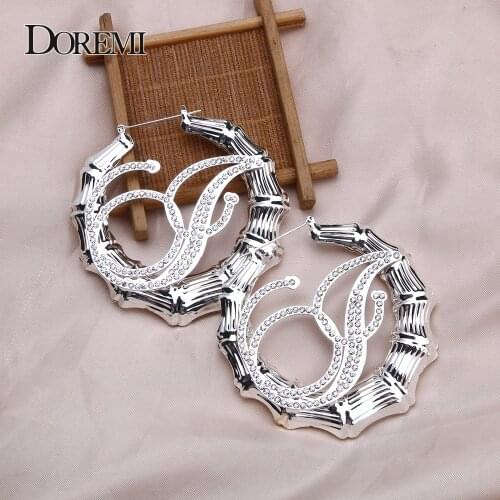 DOREMI A-Z Bling Name Bamboo Earrings Crystal Custom Hoop Bamboo Names Earrings Letter Big Personalised Name Earring Women Gift