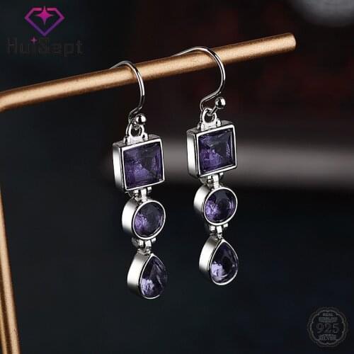 HuiSept Trendy Earrings 925 Silver Jewelry for Women Wedding Party Gift Ornament Geometric Shape Amethyst Gemstone Drop Earrings