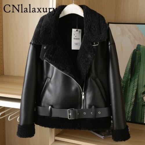 Autumn Winter Thick Black Faux Leather Jacket Women Fashion Zipper Warm Lambswool Biker Coat Female Casual Loose Bomber Outwear