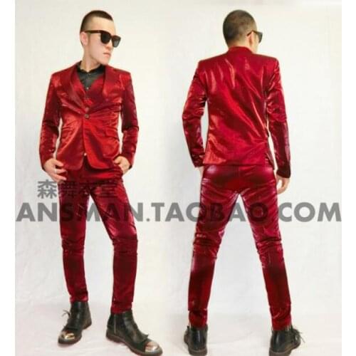 Mens singer stage Magic color Sao Wine red silk reflective satin suit costume DJ costumes studio photo slim suit costume
