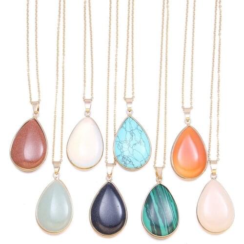Natural Stone Pendant Necklace Gold plated Water Drop Crystal Opal Malachite Necklace Jewelry Gifts for Women 25x20mm
