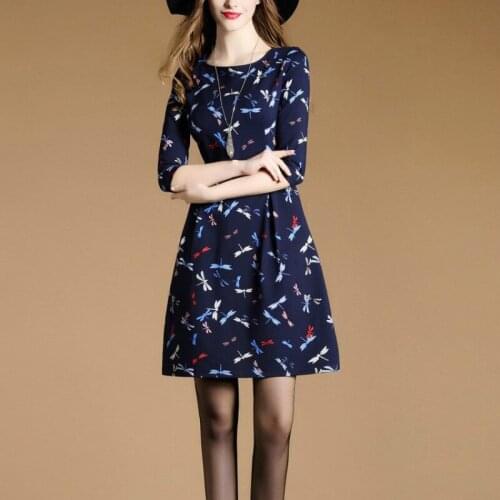 Ethnic Plus Size Woman dress Family Slim Waist Chic Dragonflies Print Navy Pleated Vestido de festa Feminias British Dresses