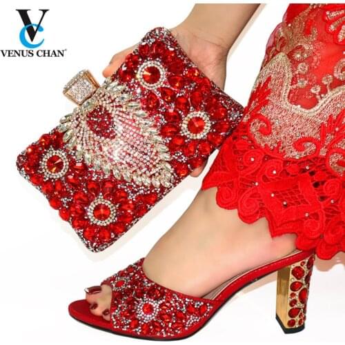 Latest African Wedding Shoes and Bag Set Decorated with Rhinestone Nigerian Women Wedding Shoes and Bag Sets Women High Heels
