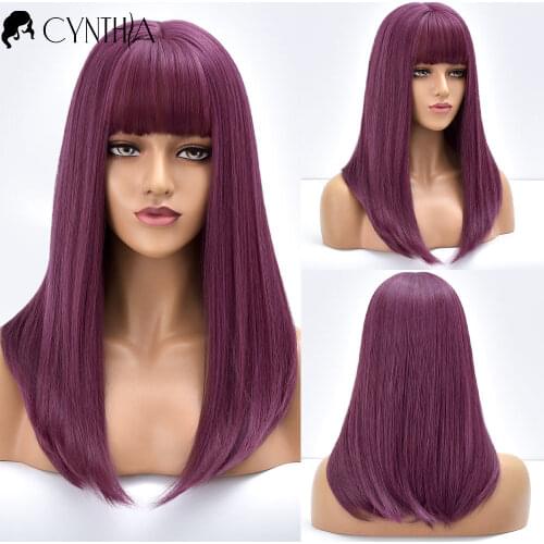 Straight Purple Ombre Long Daily Synthetic Wig With Bangs Heat Resistant Natural Fiber For Black White Women Cosplay Hair Wigs
