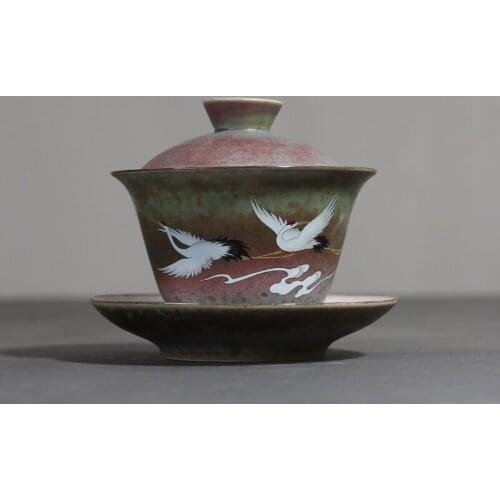 Retro Kiln Change Crane Ceramic Cover Bowl Teacup Sancai Hand Grasp Gaiwan Tea Bowl Kung Fu Puer Tes Set Tea Cup Home Drinkware