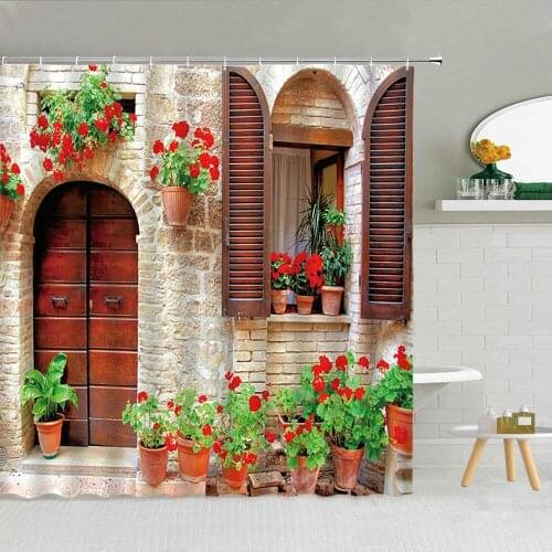 Nordic Town Street Scenery Shower Curtain Stone Wall Wood Door Vine Leaf Idyllic Flowers Landscape Bathroom Decor Hooks Curtains