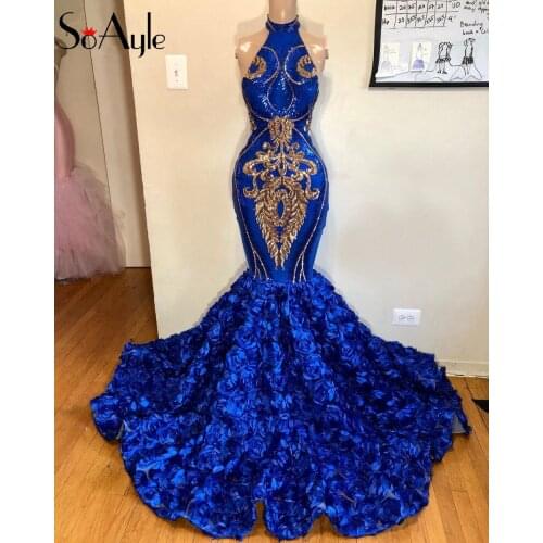 SoAlye Long Prom Dresses 2019 Sparkly Sexy Mermaid High Neck Gold And Royal Blue African Fashion Style Girl Flowers Prom Dress