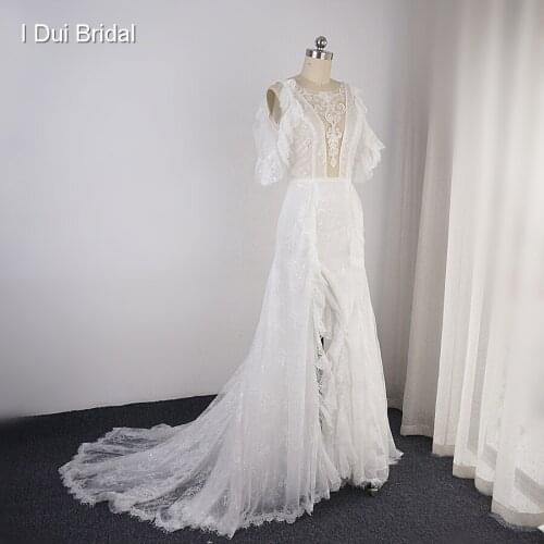 Fall Off Flare Sleeve Wedding Dress with Sequin Lace Split Leg Boho Bridal Gown Factory Custom Make