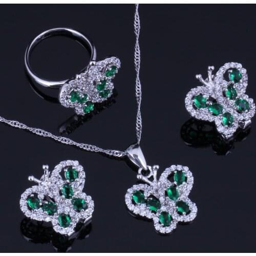 Splendid Butterfly Green Cubic Zirconia White CZ Silver Plated Jewelry Sets Earrings Pendant Chain Ring V0996