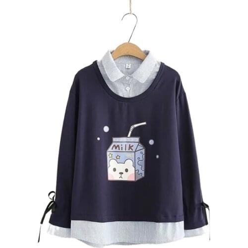 Spring Sweet Milk Box Print Pullover Turn-Down Collar Loose Women Sweatshirt Girl Casual Fake 2 Piece Pullovers 2112734