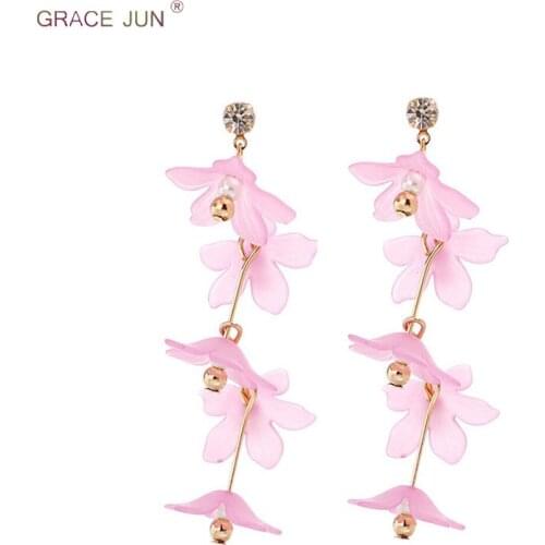 GRACE JUN Korea Style Handmade Long Flower Clip on Earrings for Women Gorgeous Bride Wedding Without Pierced Earrings Bijouterie