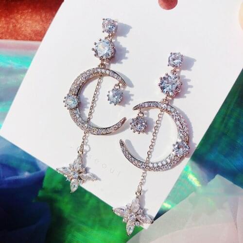 MENGJIQIAO Fashion Korean Elegant Rhinestone Moon Drop Earrings For Women Crystal Flower Boucle D'oreille Party Jewelry Gifts