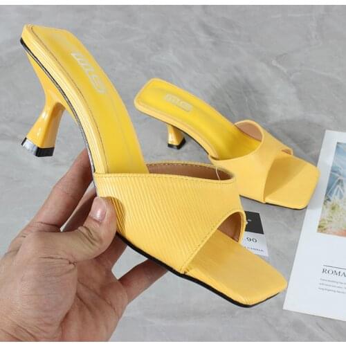 Womens high-heeled slippers 2021 summer new yellow PU fashion open-toed stiletto sandals outside all-match sandals 8CM