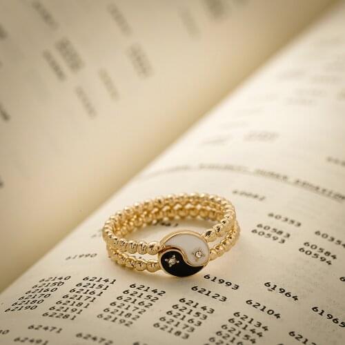Vintage Enamel Crystal Tai Chi Yin Yang Ring Set for Women Trendy Gold Beaded Finger Rings Party Jewelry Gifts