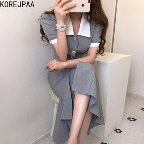 Korejpaa Women Dress 2021 Summer Korean Chic Female Elegant Temperament Lapel Single-Breasted Puff Sleeve Fishtail Vestidos