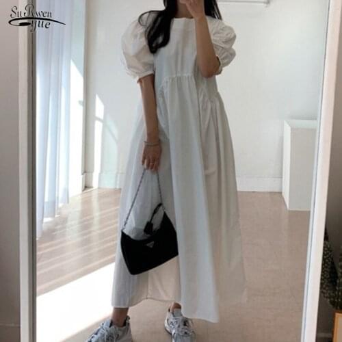 2021 Summer Puff Sleeve Dress for Women Vintage Plus Size Party Dresses Women Loose Solid Color Long Dress Robe Femme 14047