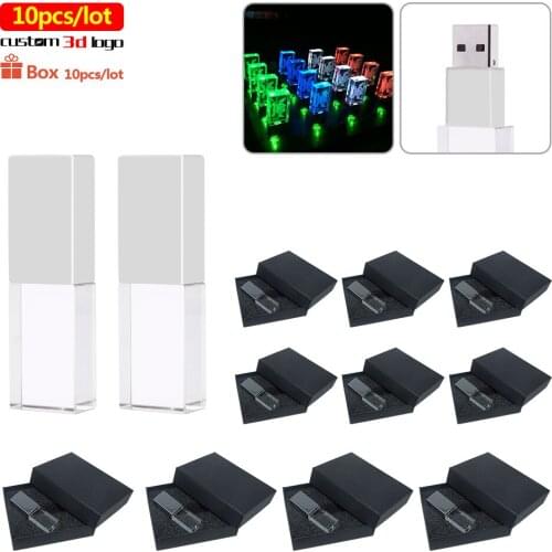 10pcs/lot Free Logo transparent glass with LED light pendrive USB 2.0 USB flash drive 4GB 8GB 16GB 32GB 64GB wedding gifts