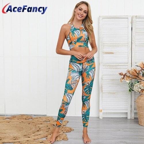 2 PCS Set Women Yoga Set Green Clothing Yoga Leaf Printing Running Sports Sets Fitness Suit Exercise Clothing ZC2201 Gym Set Bra