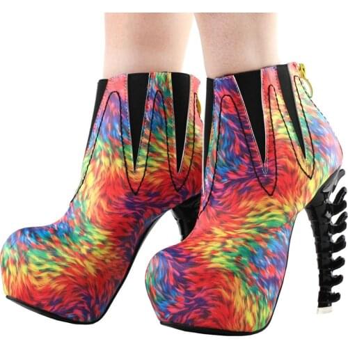 SHOW STORY Cool Multicoloured Feather Print High-top Bone Heels Platform Ankle Boots