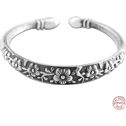BOCAI s999 sterling silver bracelet for women Retro style womens old open bracelet plum blossom inner engraved Heart Sutra
