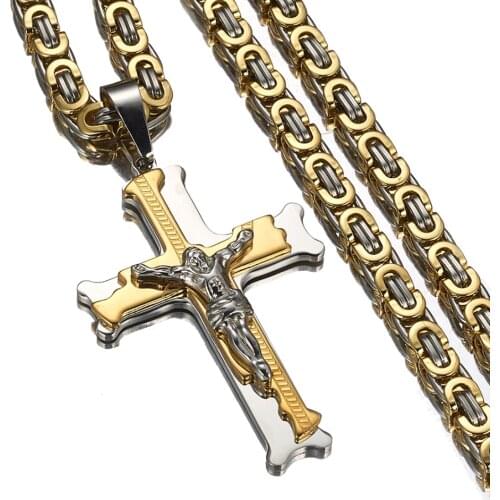 Cross Pendant Necklace New Fashion Male Jewelry Trendy Silver Color Gold Color Stainless Steel Thick Link Byzantine Chain Choker