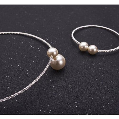Fashion Women Simple Simulated Pearl Bridal Jewelry Sets Crystal Wedding Necklace+Bracelet Set NIN668