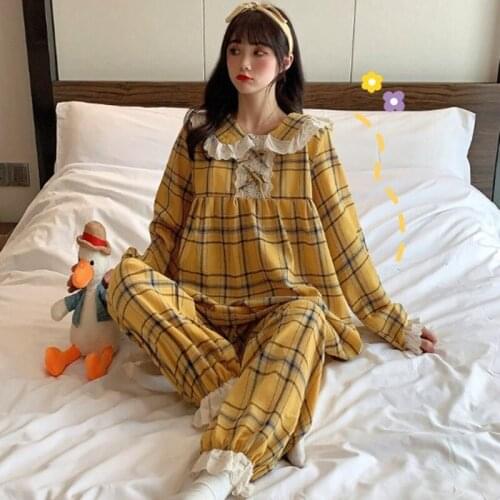 Doll collar lace pajamas set long sleeve plaid autumn winter pyjamas women casual loose sweet students sleepwear pijama suit