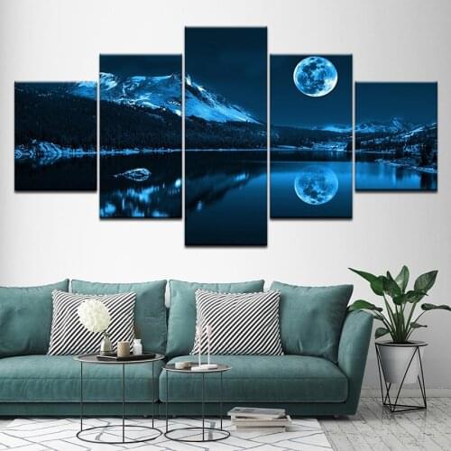 Modern Decoration Home Wall Art Modular Pictures Canvas 5 Pieces Abstract Blue Moon Night Scene Paintings HD Printing Framework